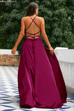 A-Line Spaghetti Straps Backless Long Satin Prom Dress with Slit