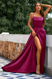 A-Line Spaghetti Straps Backless Long Satin Prom Dress with Slit