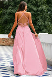 A-Line Spaghetti Straps Backless Long Satin Prom Dress with Slit