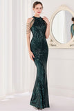 Mermaid Halter Dark Green Sequins Long Prom Dress