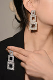 Sparkly Silver Geometric Patchwork Square Long Rhinestones Earrings