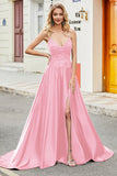 Fuchsia A Line Spaghetti Straps Long Prom Dress with Appliques