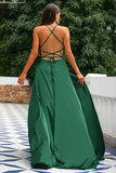 A-Line Spaghetti Straps Backless Long Satin Prom Dress with Slit