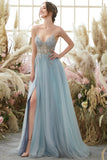 Light Blue Beaded Tulle Spaghetti Straps Prom Dress