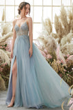 Light Blue Beaded Tulle Spaghetti Straps Prom Dress