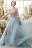 Light Blue Beaded Tulle Spaghetti Straps Prom Dress