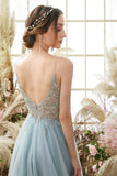 Light Blue Beaded Tulle Spaghetti Straps Prom Dress