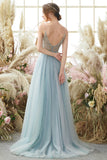 Light Blue Beaded Tulle Spaghetti Straps Prom Dress