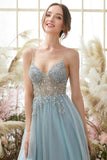 Light Blue Beaded Tulle Spaghetti Straps Prom Dress