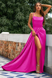 A-Line Spaghetti Straps Backless Long Satin Prom Dress with Slit