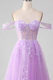 Lavender A Line Tulle Off the Shoulder Prom Dress with Slit