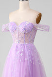 Lavender A Line Tulle Off the Shoulder Prom Dress with Slit