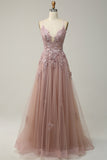 A Line Spaghetti Straps Blush Long Prom Dress with Appliques