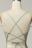 A Line Spaghetti Straps Green Long Prom Dress with Criss Cross Back