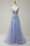 A Line Spaghetti Straps Grey Blue Long Prom Dress with Appliques