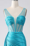 Turquoise Mermaid V-Neck Sweep Train Pleated Corset Beaded Prom Dress