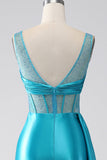 Turquoise Mermaid V-Neck Sweep Train Pleated Corset Beaded Prom Dress