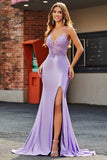 Lilac Mermaid V Neck Beaded Appliques Long Prom Dresses With Slit