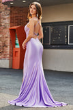 Lilac Mermaid V Neck Beaded Appliques Long Prom Dresses With Slit