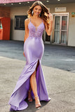 Lilac Mermaid V Neck Beaded Appliques Long Prom Dresses With Slit