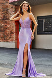 Lilac Mermaid V Neck Beaded Appliques Long Prom Dresses With Slit