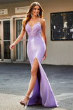 Lilac Mermaid V Neck Beaded Appliques Long Prom Dresses With Slit