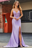 Lilac Mermaid V Neck Beaded Appliques Long Prom Dresses With Slit