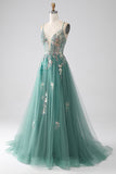 Green A-Line Spaghetti Straps Long Prom Dress With Sparkly Sequin Appliques