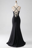 Black Mermaid Spaghetti Straps Long Corset Prom Dress With Beading