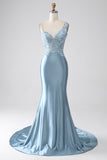 Grey Blue Mermaid Spaghetti Straps Long Beaded Prom Dress With Appliques