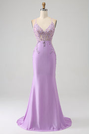 Trendy Mermaid Spaghetti Straps Lilac Long Prom Dress with Appliques Beading