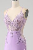 Trendy Mermaid Spaghetti Straps Lilac Long Prom Dress with Appliques Beading