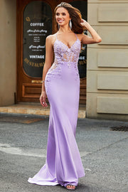 Lilac Mermaid V Neck Long Prom Dress With Beaded Appliques