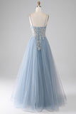 Grey Blue A Line Spaghetti Straps Sparkly Sequin Long Prom Dress