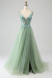 Gorgeous A Line V Neck Light Green Long Prom Dress with Appliques