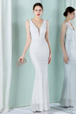 White Deep V Neck Mermaid Evening Dress