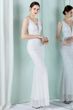 White Deep V Neck Mermaid Evening Dress