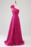 Fuchsia A-Line One Shoulder Feather Sequin Long Prom Dress With Slit