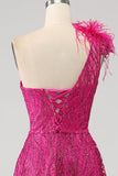 Fuchsia A-Line One Shoulder Feather Sequin Long Prom Dress With Slit