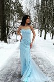 Mermaid Spaghetti Straps Blue Long Prom Dress with Criss Cross Back