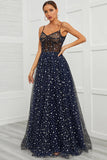 Spaghetti Straps Navy Long Prom Dress with Star