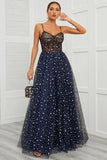 Spaghetti Straps Navy Long Prom Dress with Star