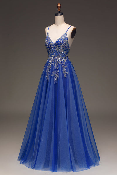 Leely Women Sequins Royal Blue Prom Dress with Appliques Tulle A-Line ...