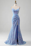 Sparkly Sequins Sweetheart Sheath Light Blue Prom Dress with Slit