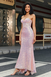 Pink Sequins Corset Prom Dress