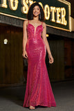 Glitter Fuchsia Sequins Mermaid Spaghetti Straps Long Corset Prom Dress