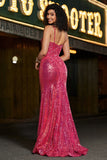 Glitter Fuchsia Sequins Mermaid Spaghetti Straps Long Corset Prom Dress