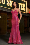 Glitter Fuchsia Sequins Mermaid Spaghetti Straps Long Corset Prom Dress