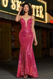 Glitter Fuchsia Sequins Mermaid Spaghetti Straps Long Corset Prom Dress