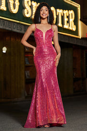 Glitter Fuchsia Sequins Mermaid Spaghetti Straps Long Corset Prom Dress